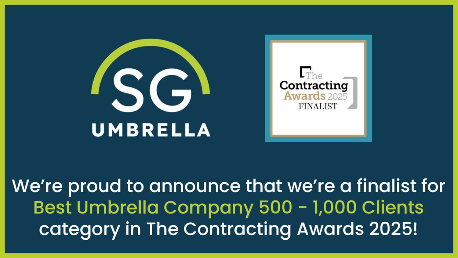 SG Umbrella team celebrating being named Runner-Up in the Best Umbrella Company (500–1,000 Clients) category at the 2025 Contracting Awards.