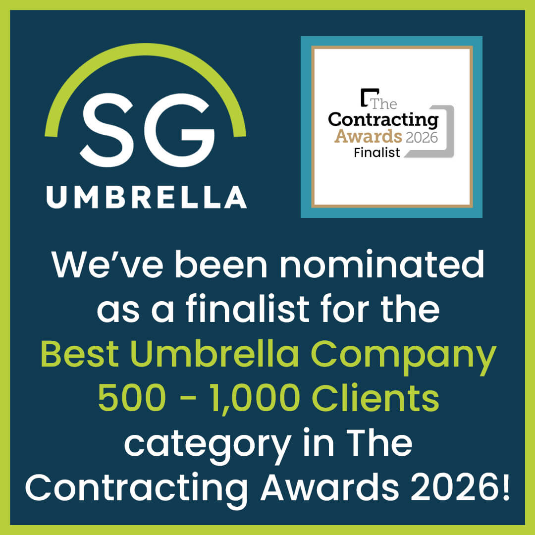 SG Umbrella graphic announcing its 2026 Contracting Awards finalist nomination for Best Umbrella Company in the 500–1,000 clients category.